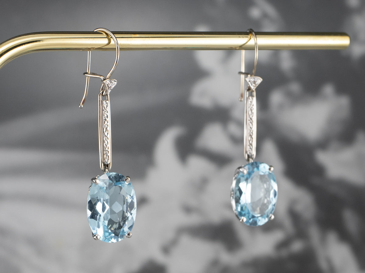White Gold Blue Topaz and Diamond Drop Earrings