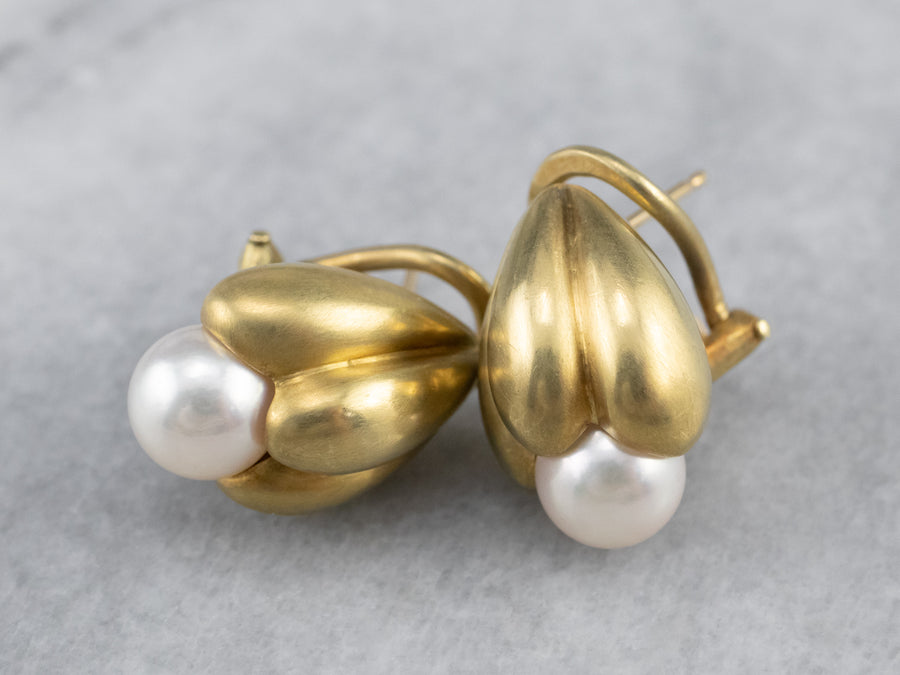 Botanical Brushed Gold Pearl Drop Earrings