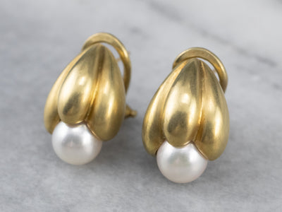 Botanical Brushed Gold Pearl Drop Earrings