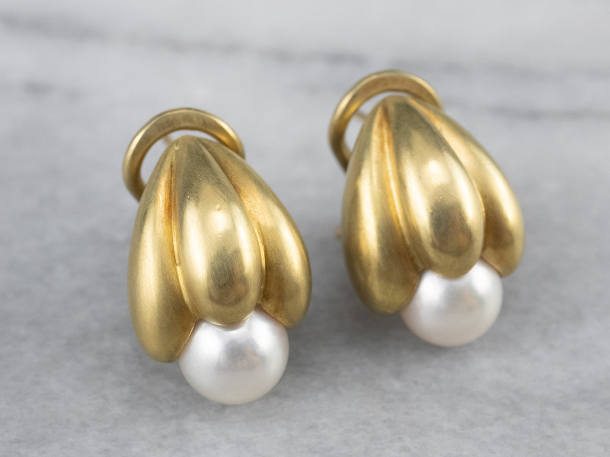 Botanical Brushed Gold Pearl Drop Earrings