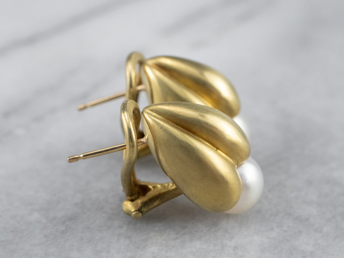 Botanical Brushed Gold Pearl Drop Earrings