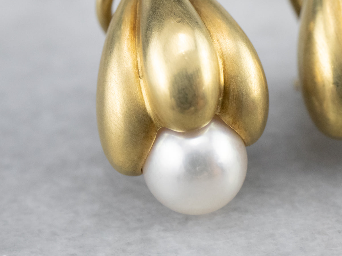 Botanical Brushed Gold Pearl Drop Earrings
