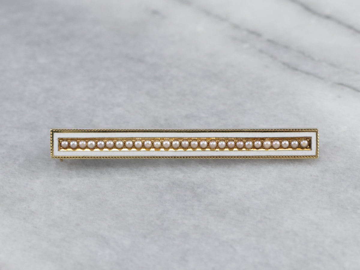 Art Nouveau Seed Pearl and Enamel Bar Pin
