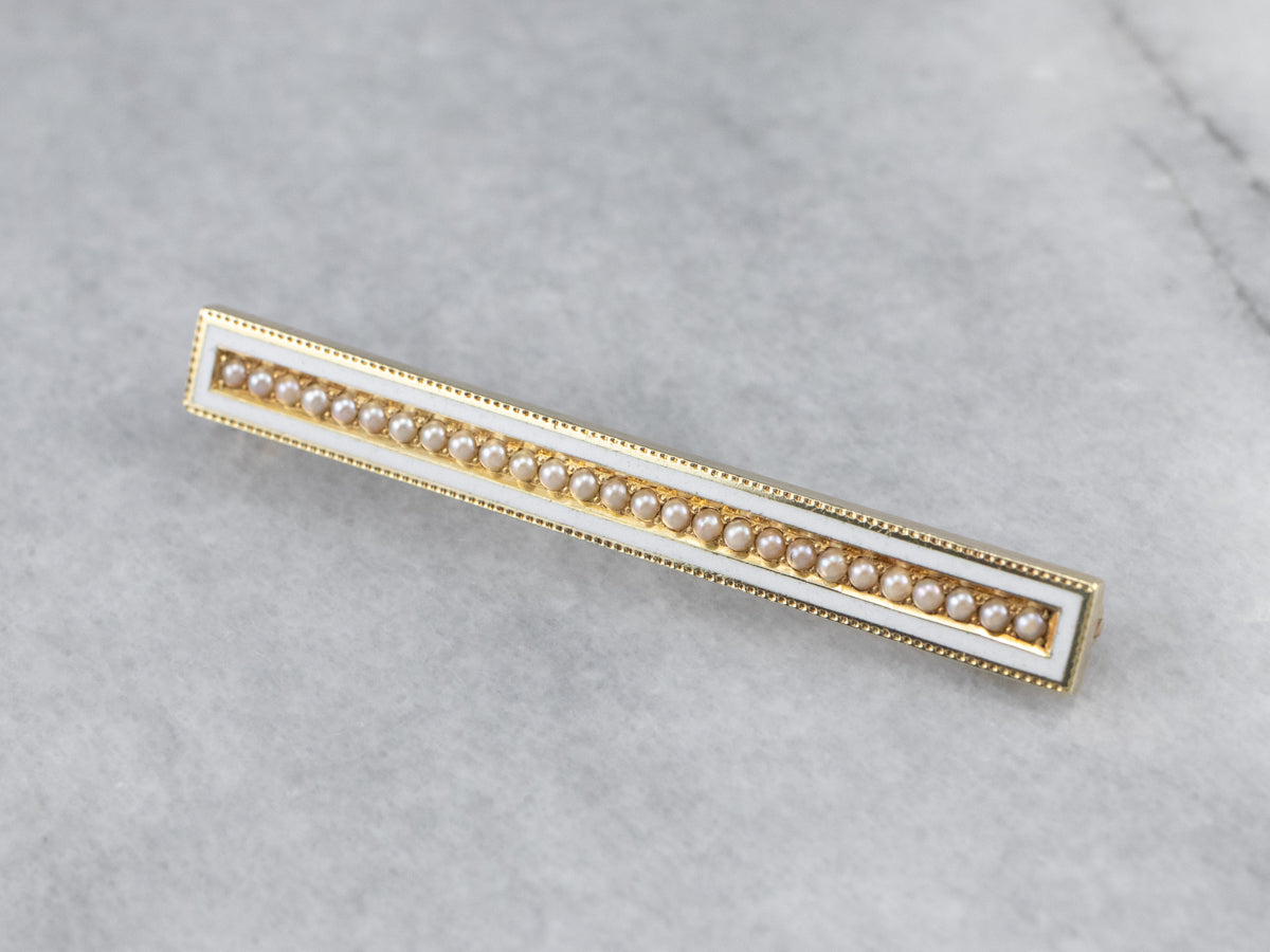Art Nouveau Seed Pearl and Enamel Bar Pin