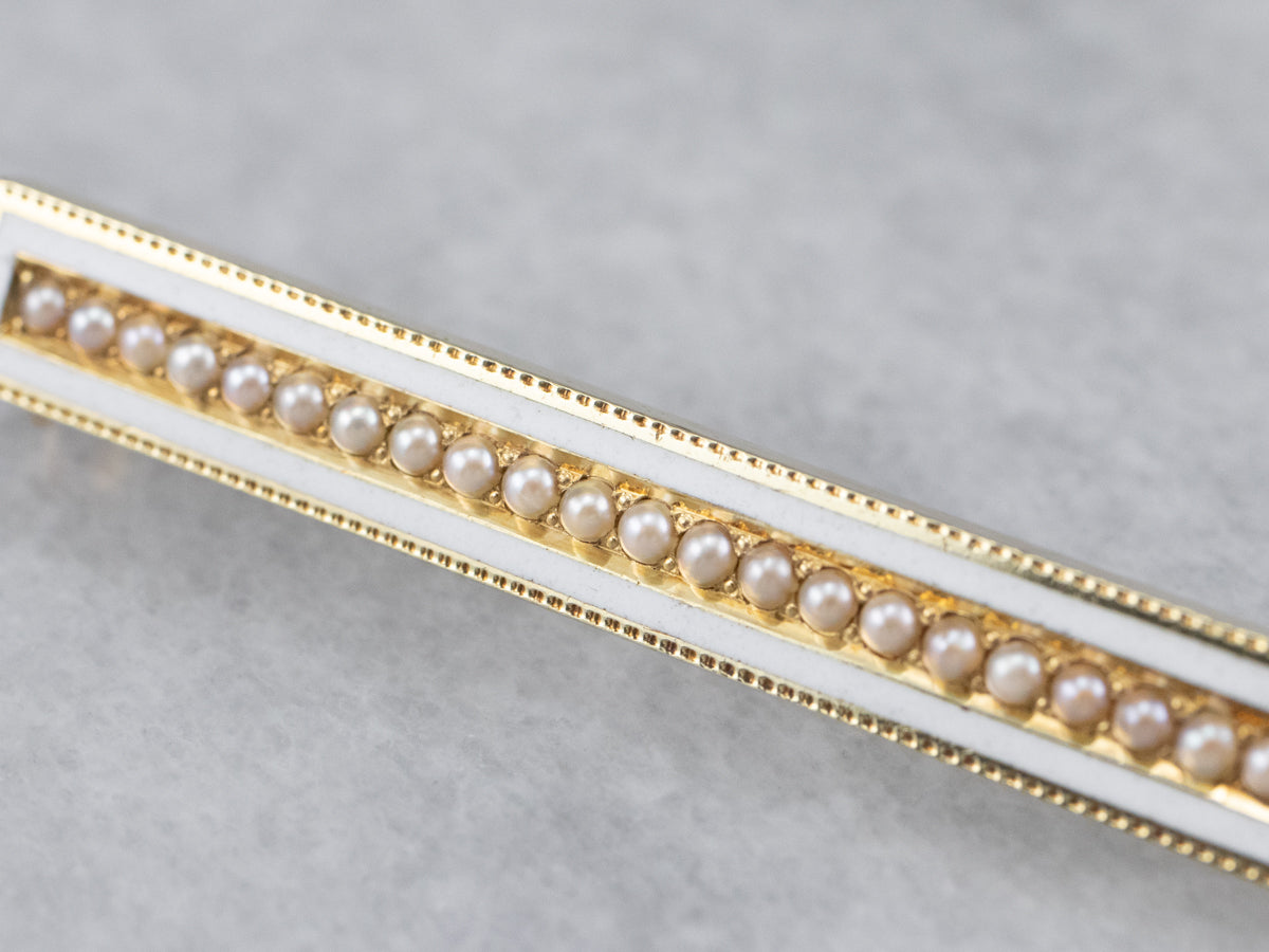Art Nouveau Seed Pearl and Enamel Bar Pin