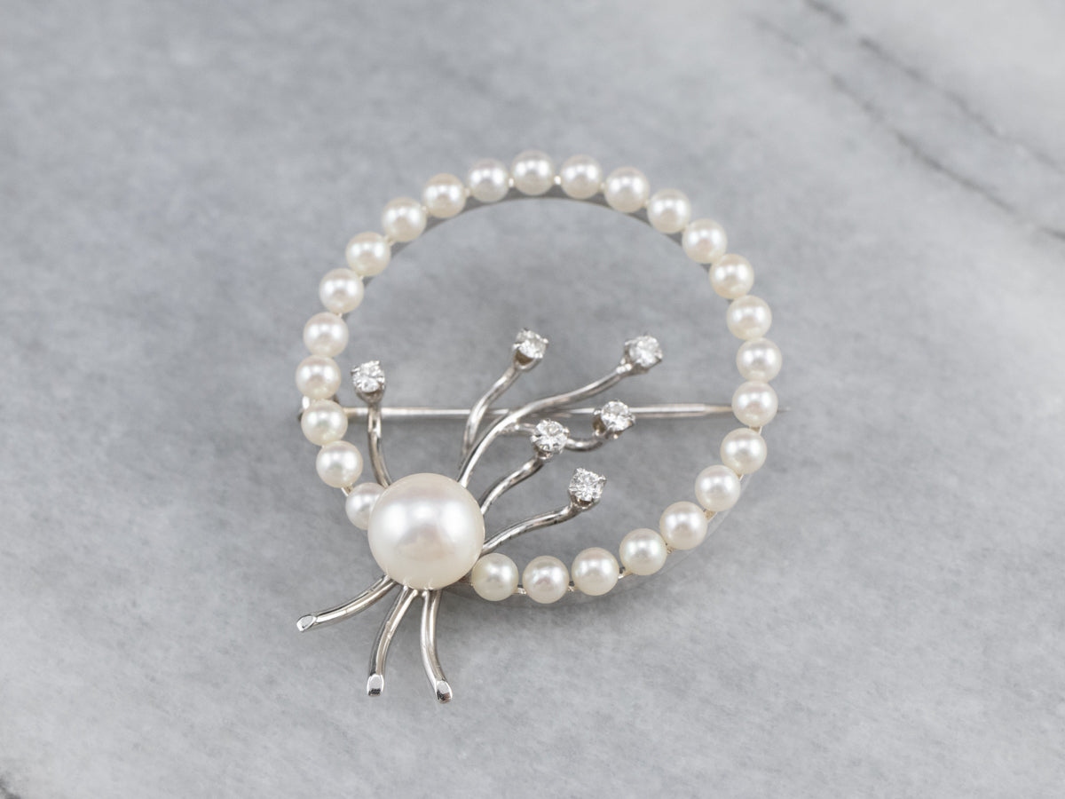 Retro Era Pearl and Diamond Circle Pin