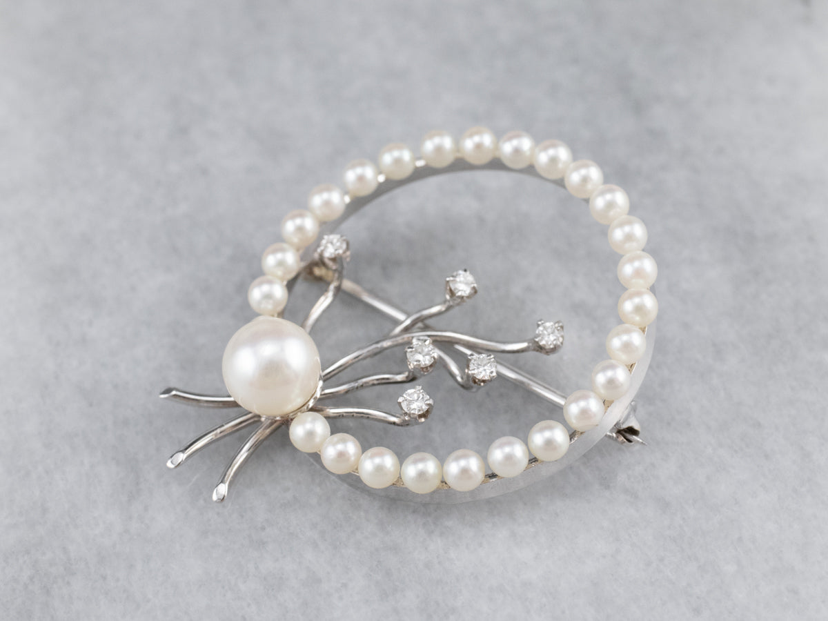 Retro Era Pearl and Diamond Circle Pin