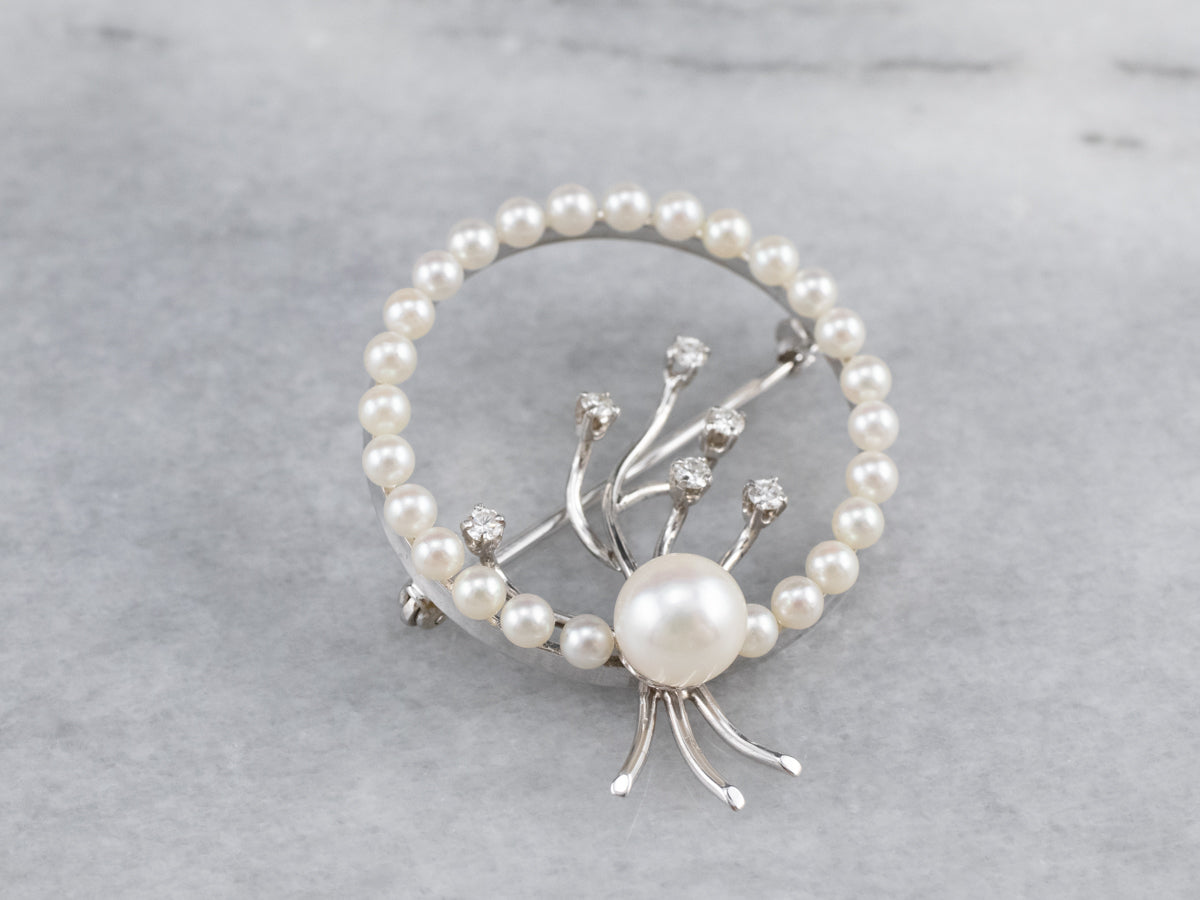 Retro Era Pearl and Diamond Circle Pin
