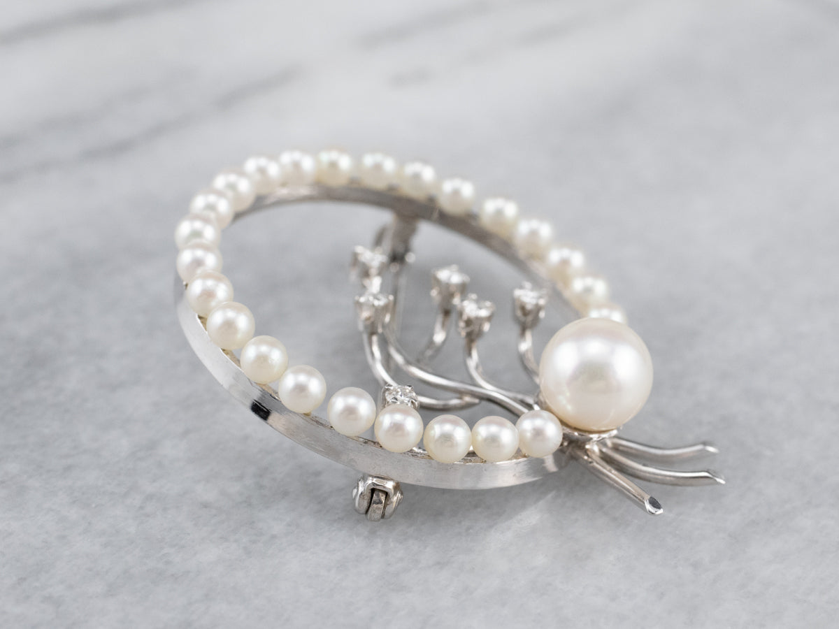 Retro Era Pearl and Diamond Circle Pin