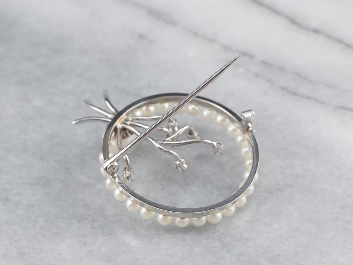 Retro Era Pearl and Diamond Circle Pin