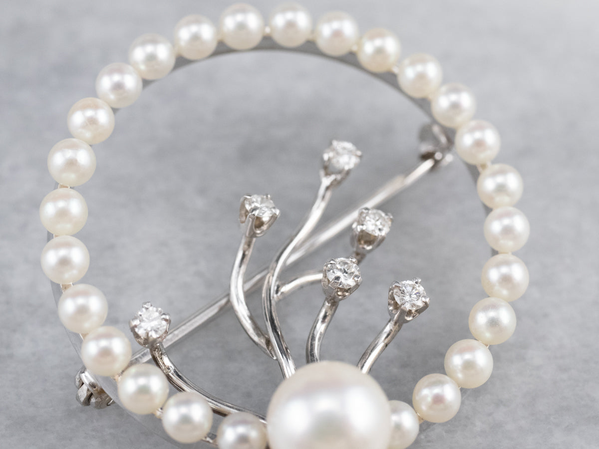 Retro Era Pearl and Diamond Circle Pin