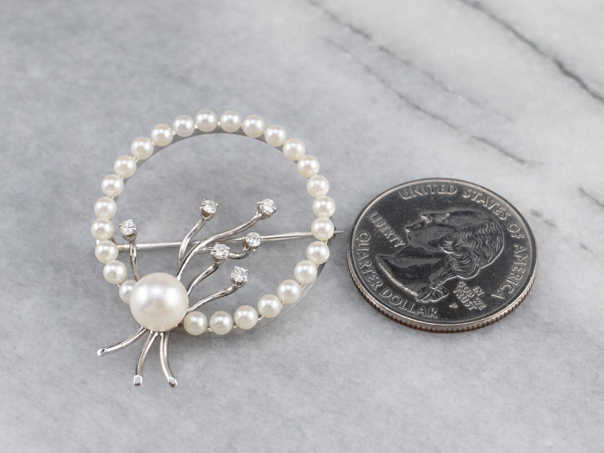 Retro Era Pearl and Diamond Circle Pin