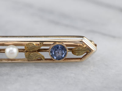 Old Mine Cut Diamond Art Nouveau Seed Pearl and Synthetic Sapphire Bar Pin