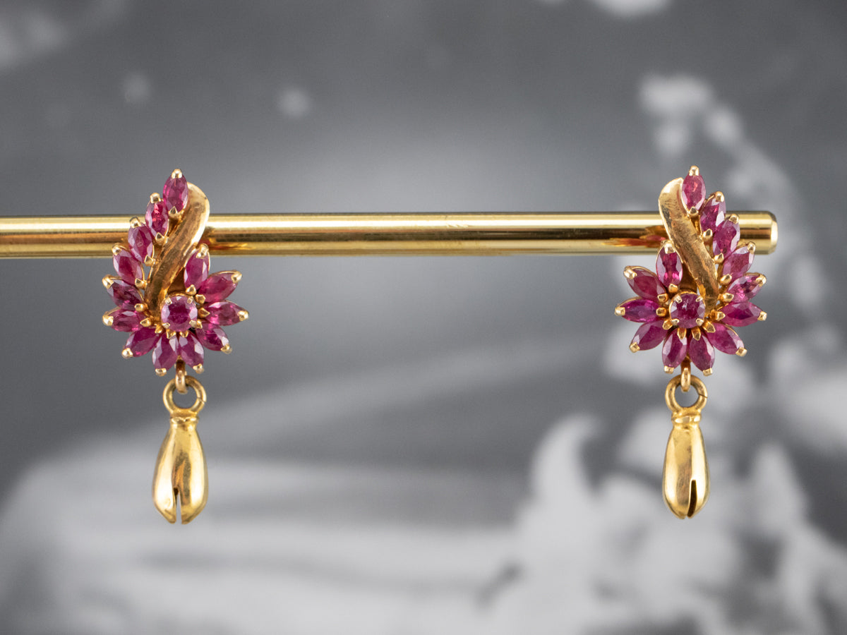 Vintage Ruby Gold Drop Statement Earrings