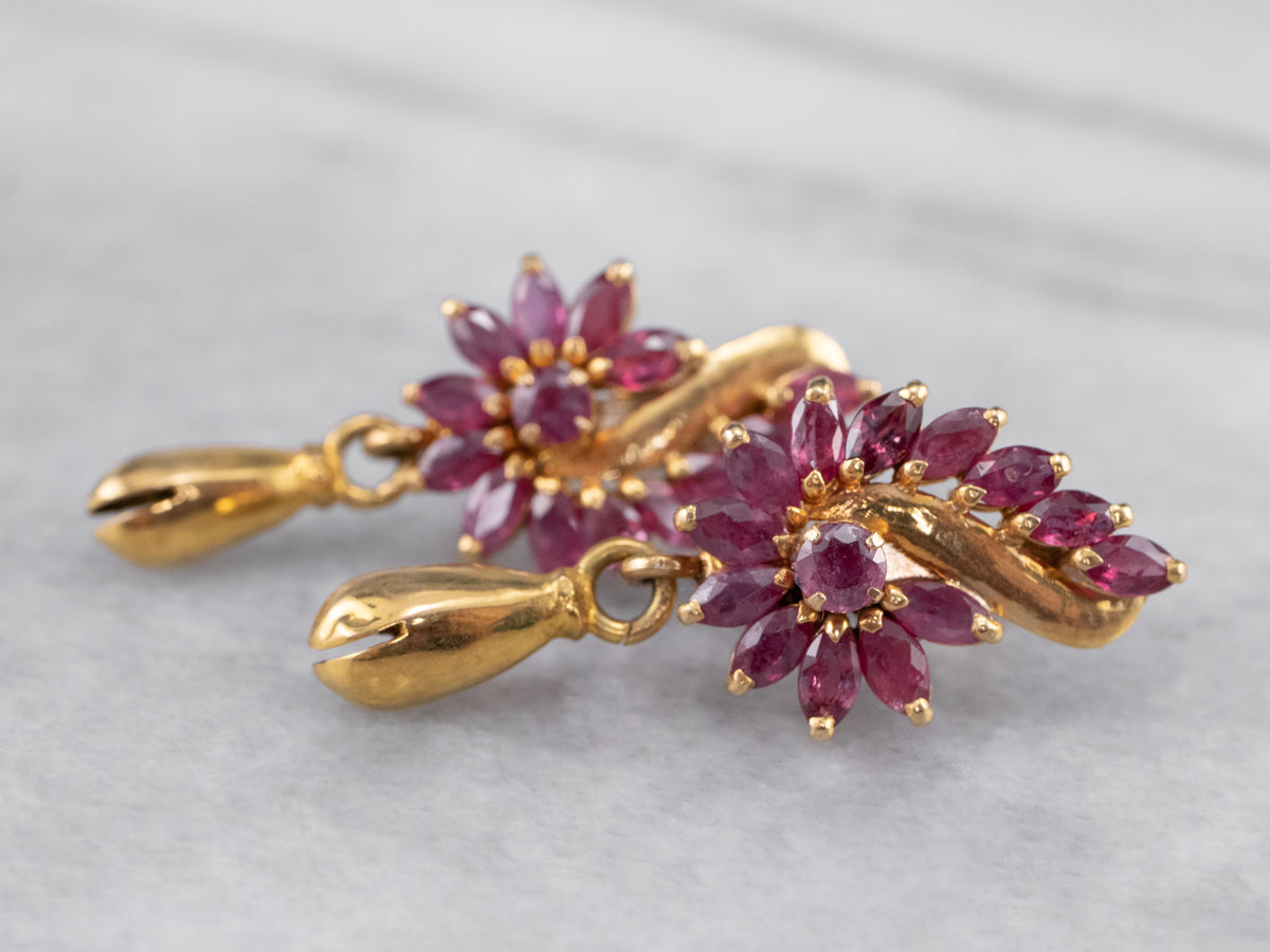 Vintage Ruby Gold Drop Statement Earrings