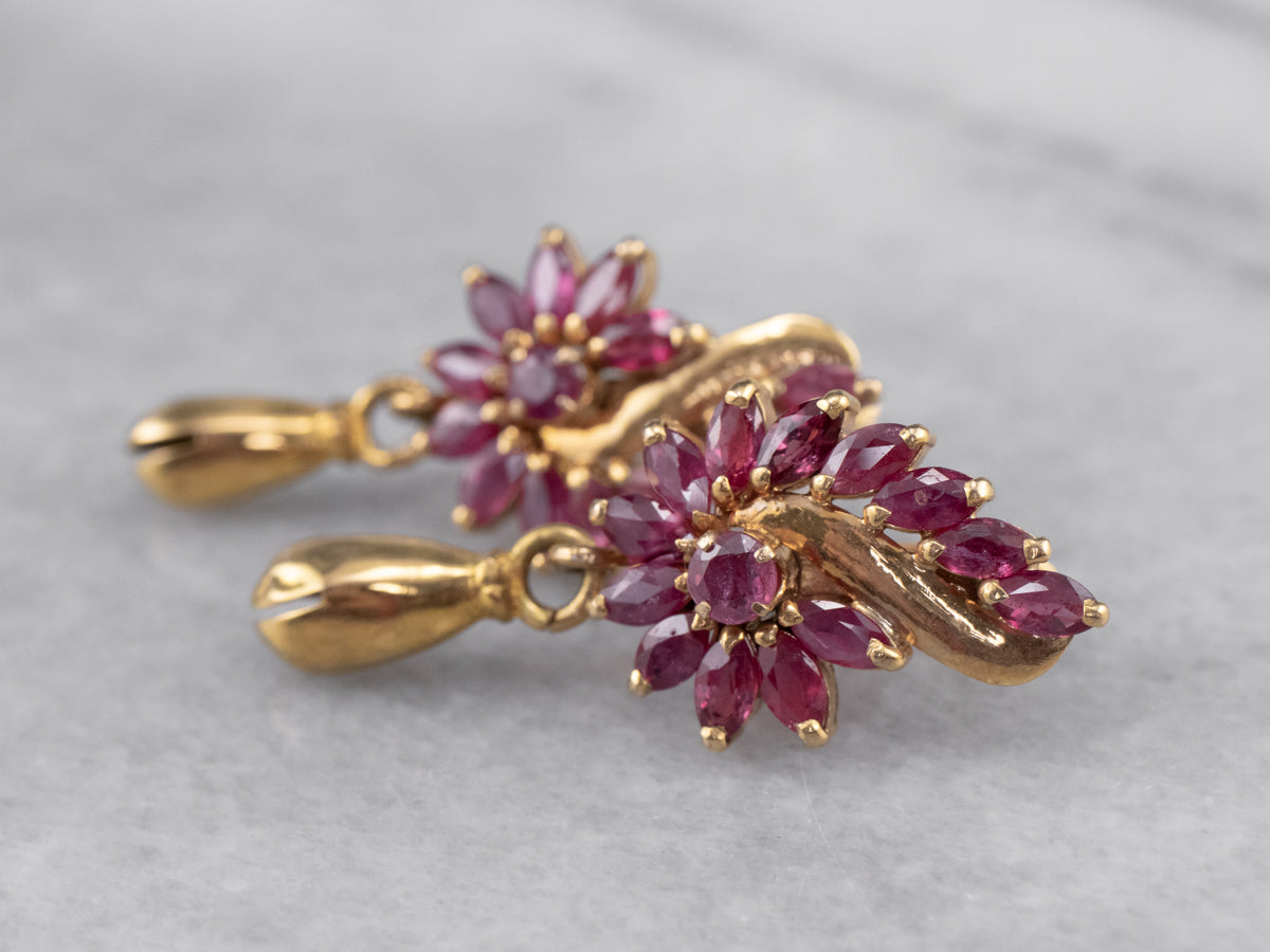 Vintage Ruby Gold Drop Statement Earrings