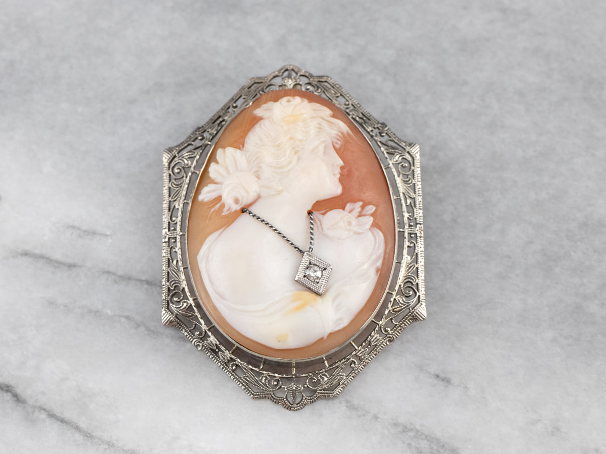 Art Deco Cameo Diamond White Gold Brooch Pendant