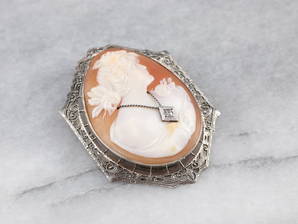 Art Deco Cameo Diamond White Gold Brooch Pendant