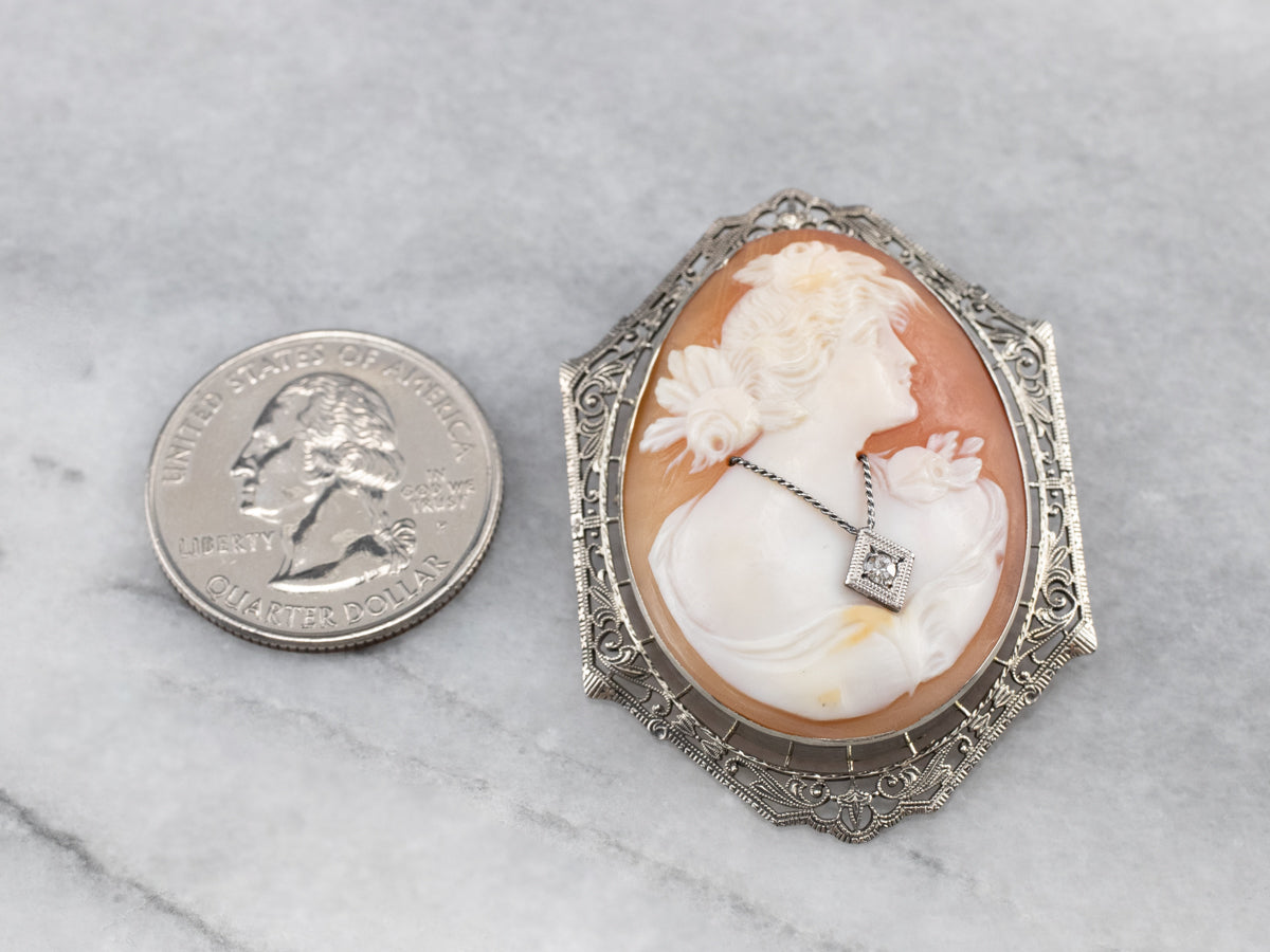 Art Deco Cameo Diamond White Gold Brooch Pendant