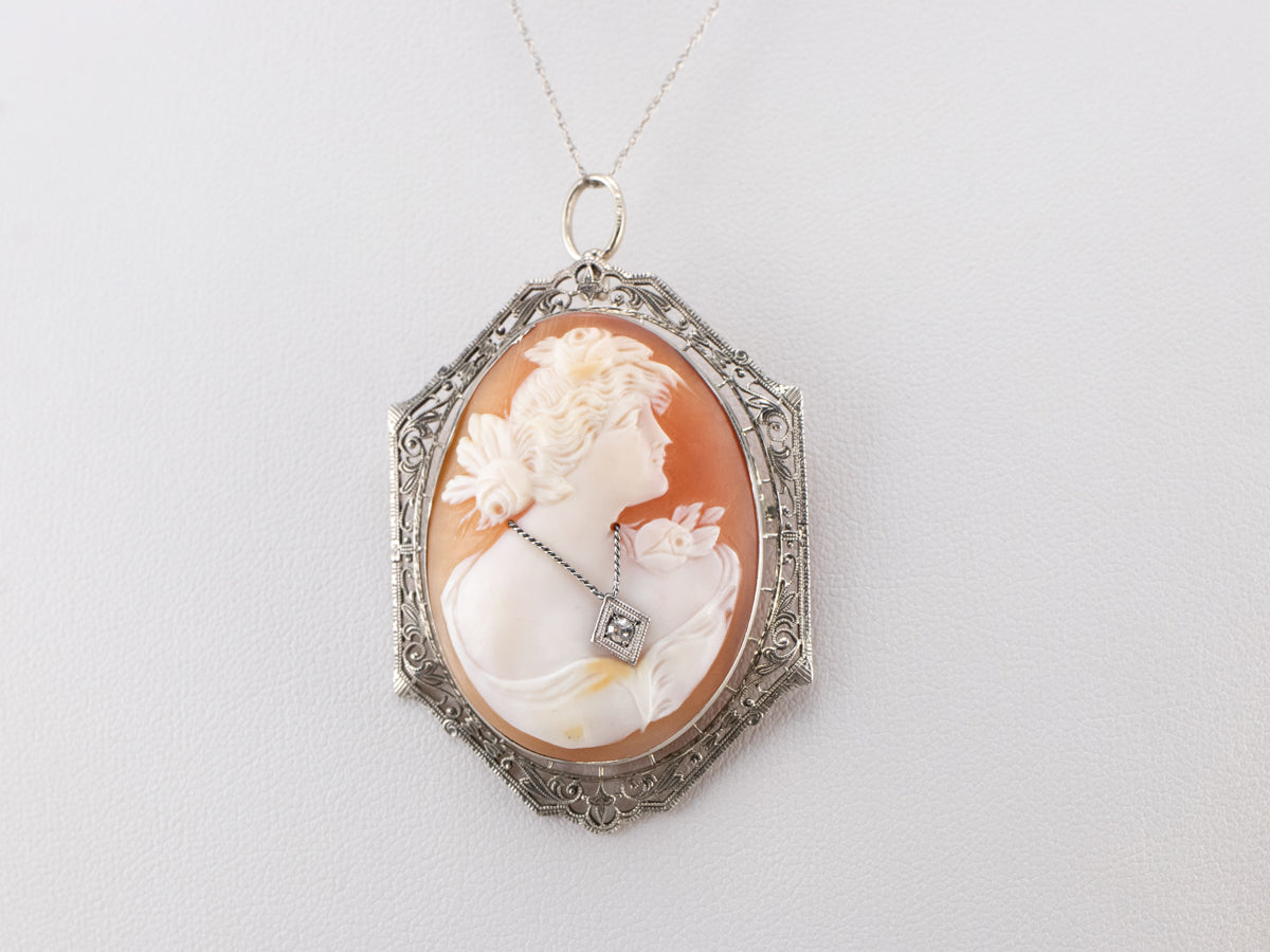 Art Deco Cameo Diamond White Gold Brooch Pendant