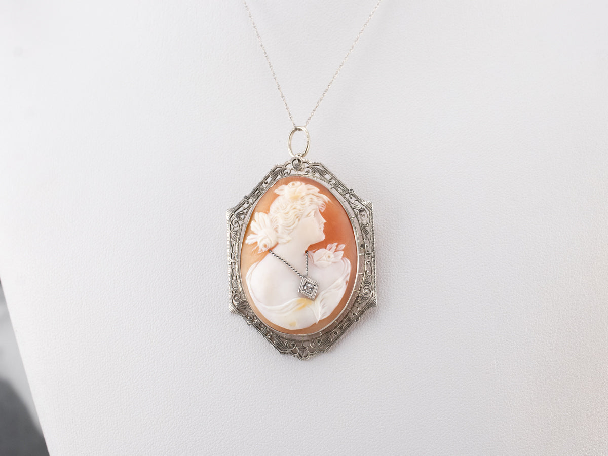 Art Deco Cameo Diamond White Gold Brooch Pendant