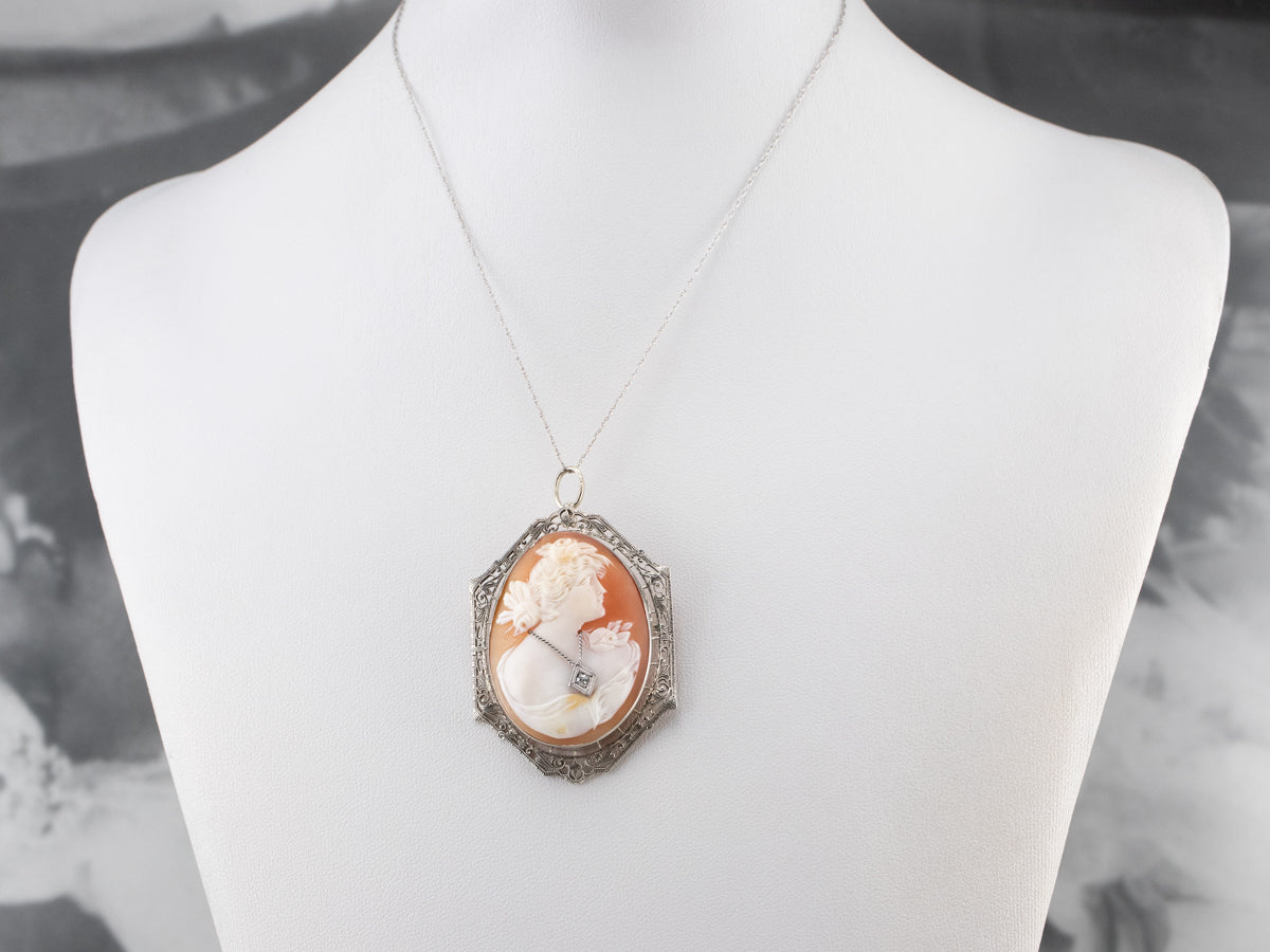 Art Deco Cameo Diamond White Gold Brooch Pendant