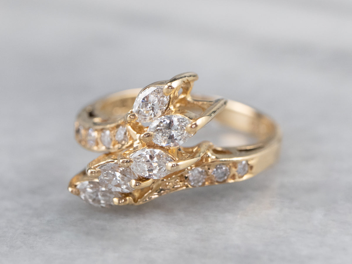 Asymmetrical Diamond Gold Bypass Ring