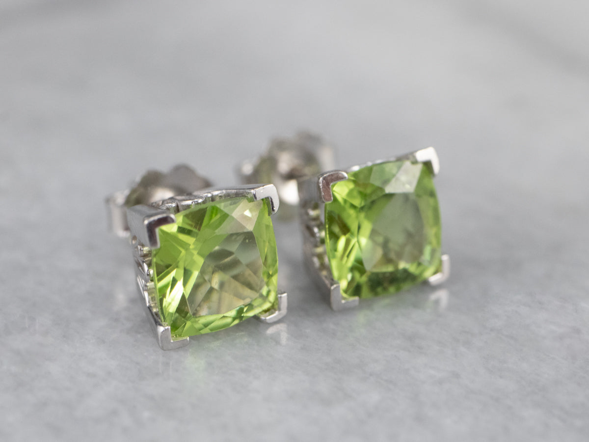 Cushion Cut Peridot White Gold Stud Earrings