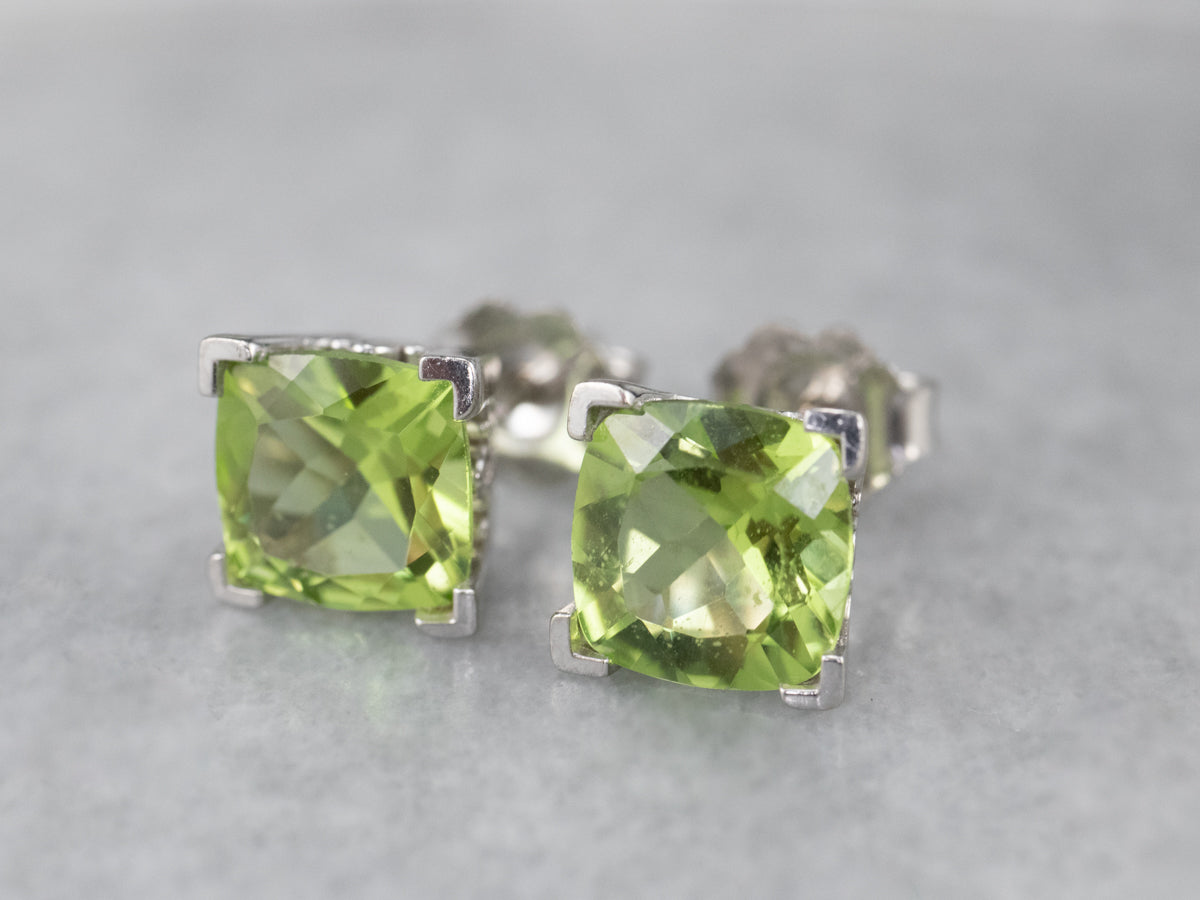 Cushion Cut Peridot White Gold Stud Earrings