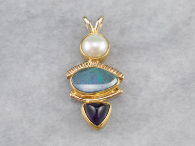 Modernist Boulder Opal Amethyst and Pearl Pendant