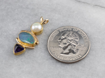 Modernist Boulder Opal Amethyst and Pearl Pendant
