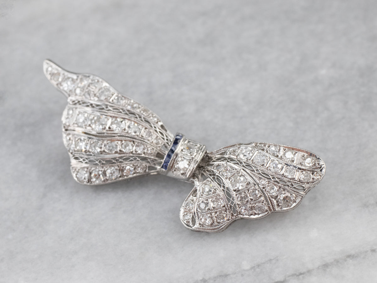 Platinum Art Deco Diamond and Sapphire Filigree Pin