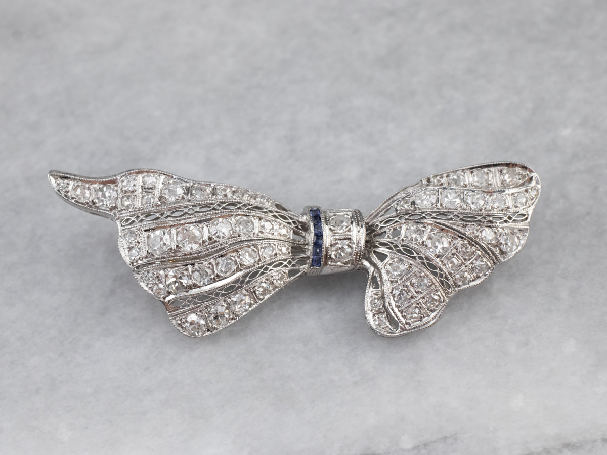 Platinum Art Deco Diamond and Sapphire Filigree Pin
