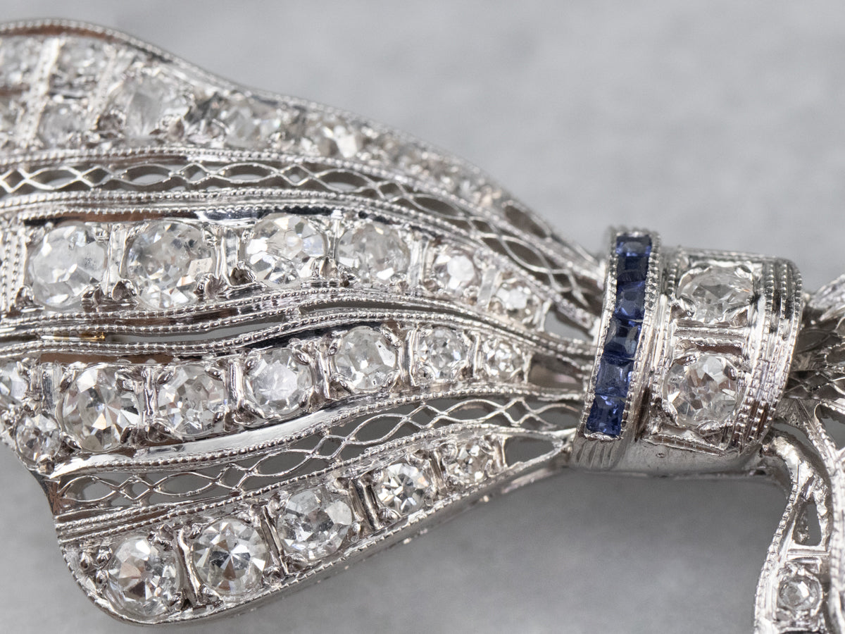 Pin de filigrana de zafiro y diamantes Art Déco de platino