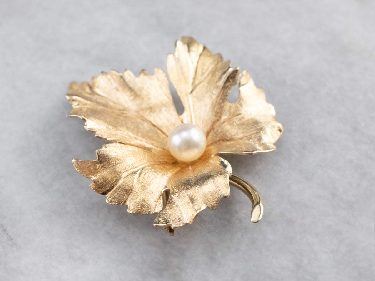 Golden Pearl Grape Leaf Brooch