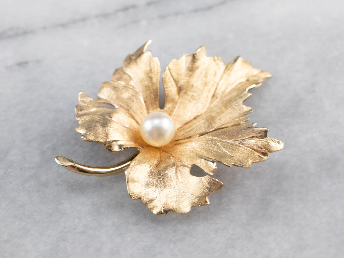Golden Pearl Grape Leaf Brooch