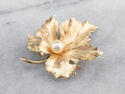 Golden Pearl Grape Leaf Brooch