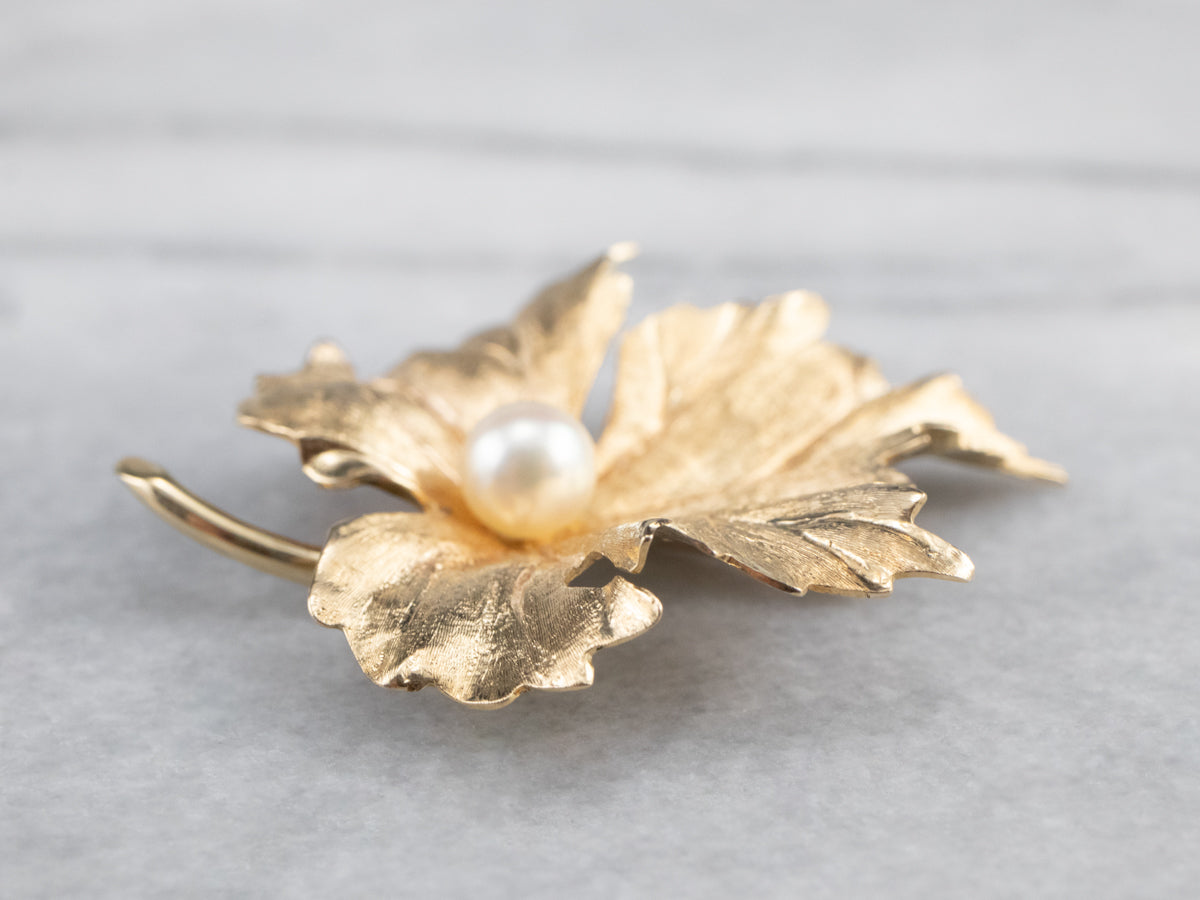 Golden Pearl Grape Leaf Brooch