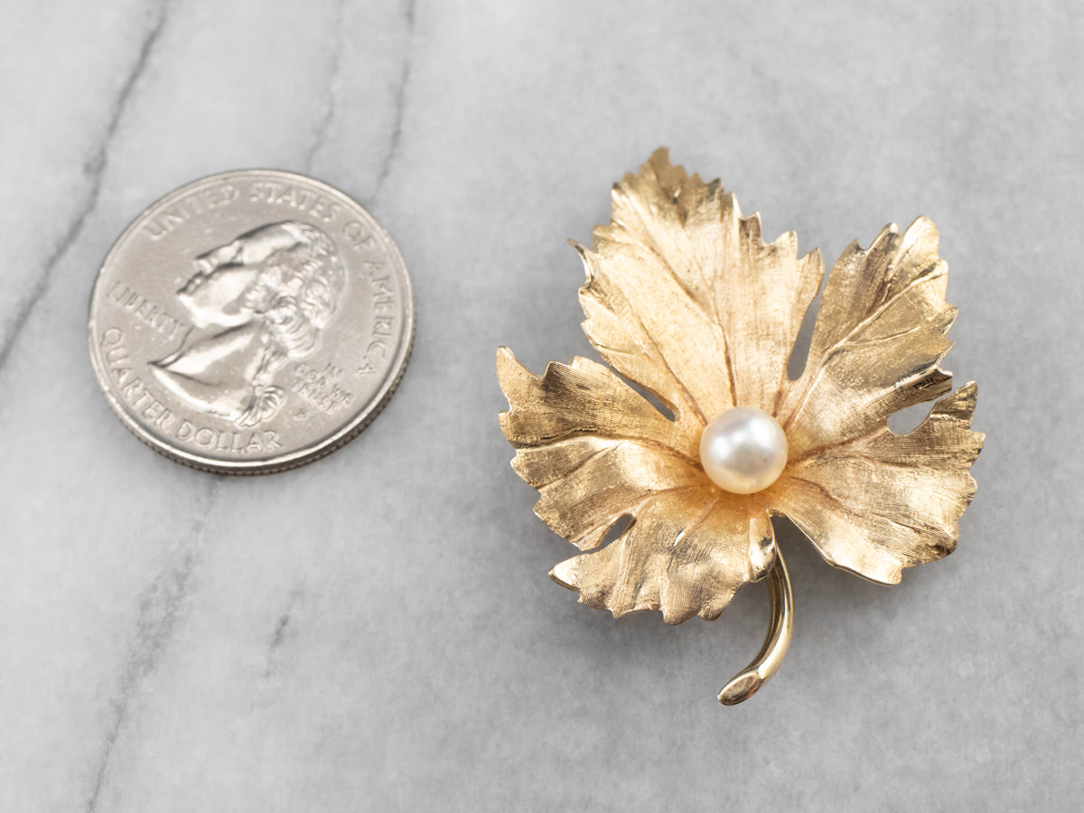 Golden Pearl Grape Leaf Brooch