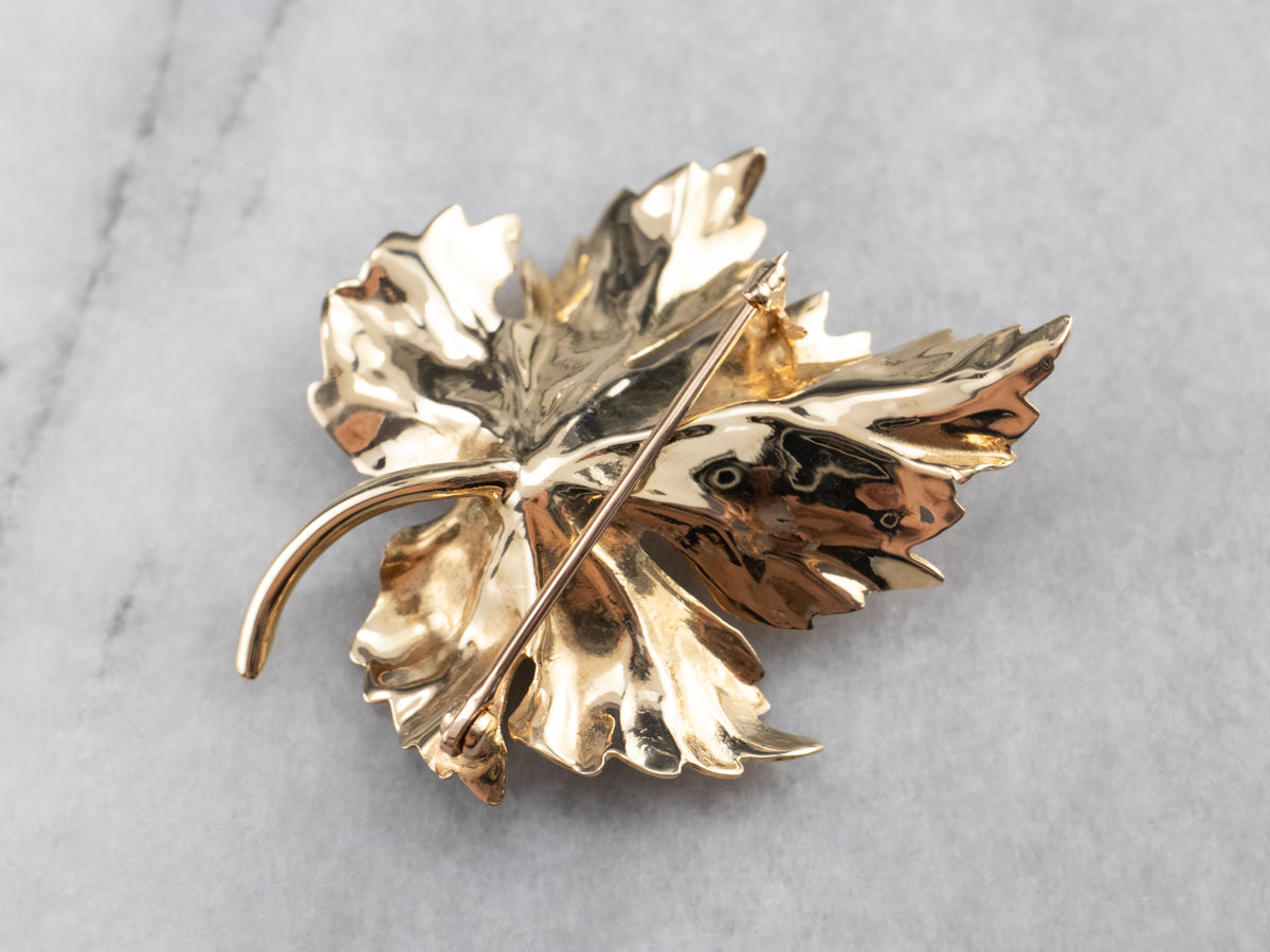 Golden Pearl Grape Leaf Brooch