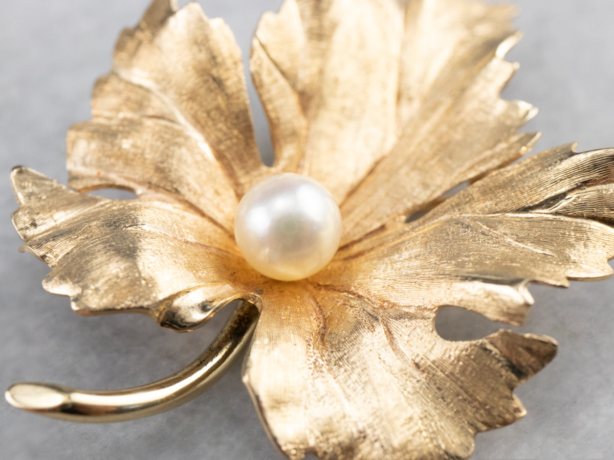Golden Pearl Grape Leaf Brooch