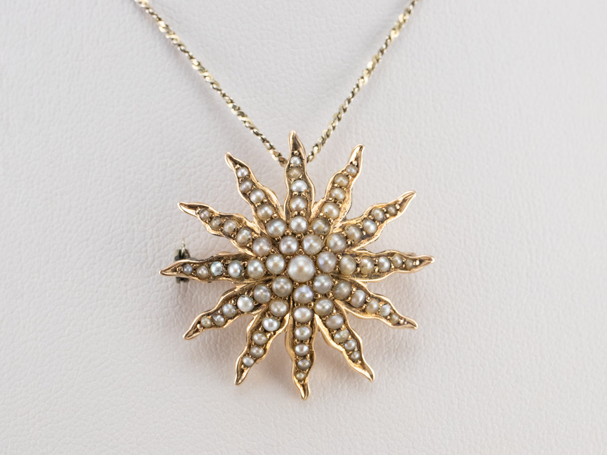 Victorian Seed Pearl Starburst Brooch Pendant