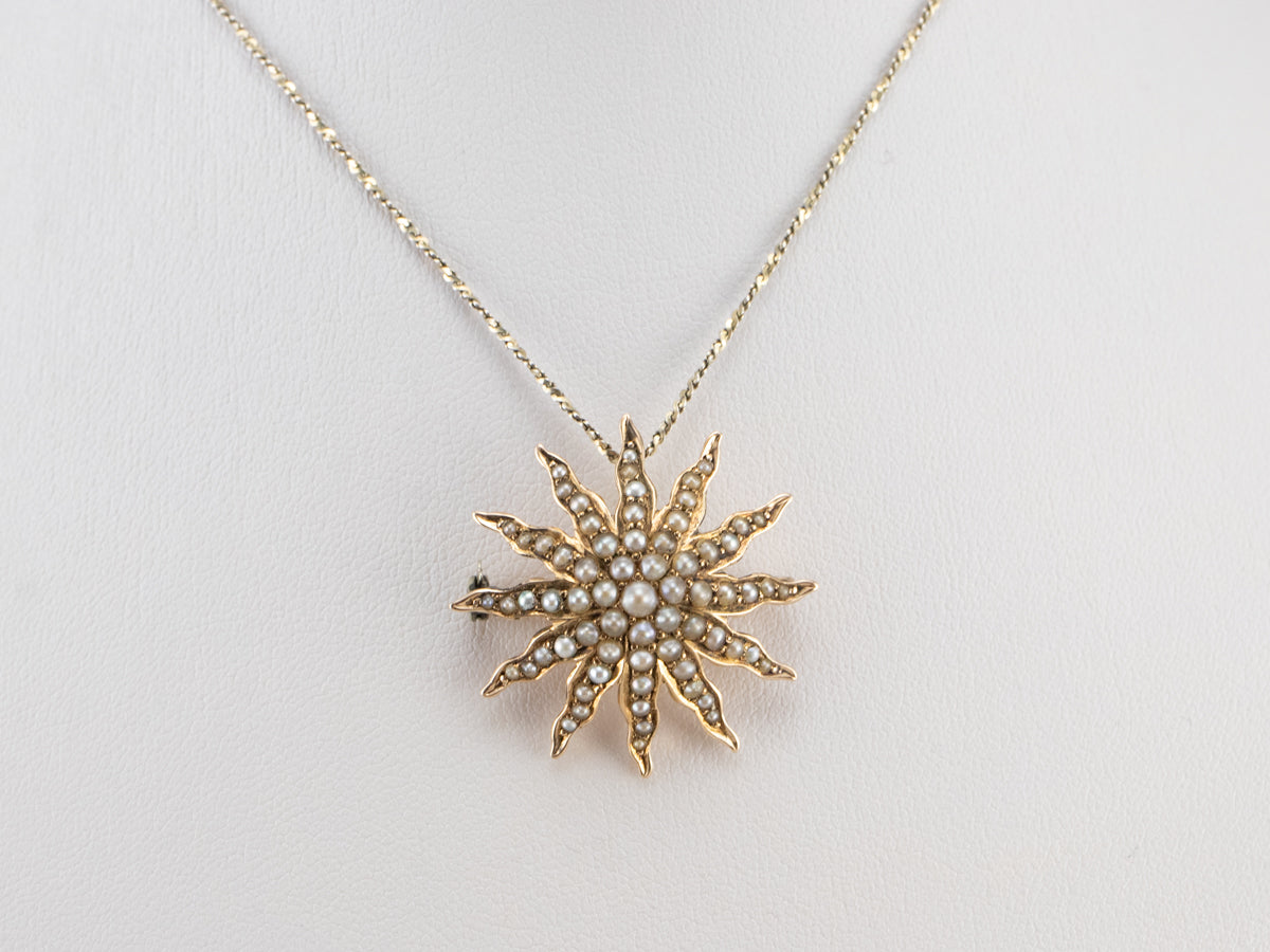 Victorian Seed Pearl Starburst Brooch Pendant
