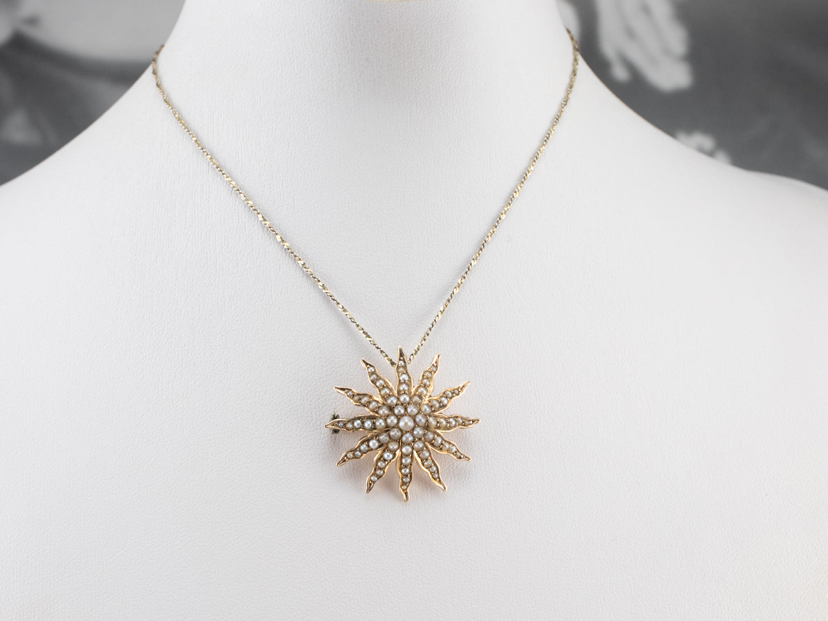 Victorian Seed Pearl Starburst Brooch Pendant