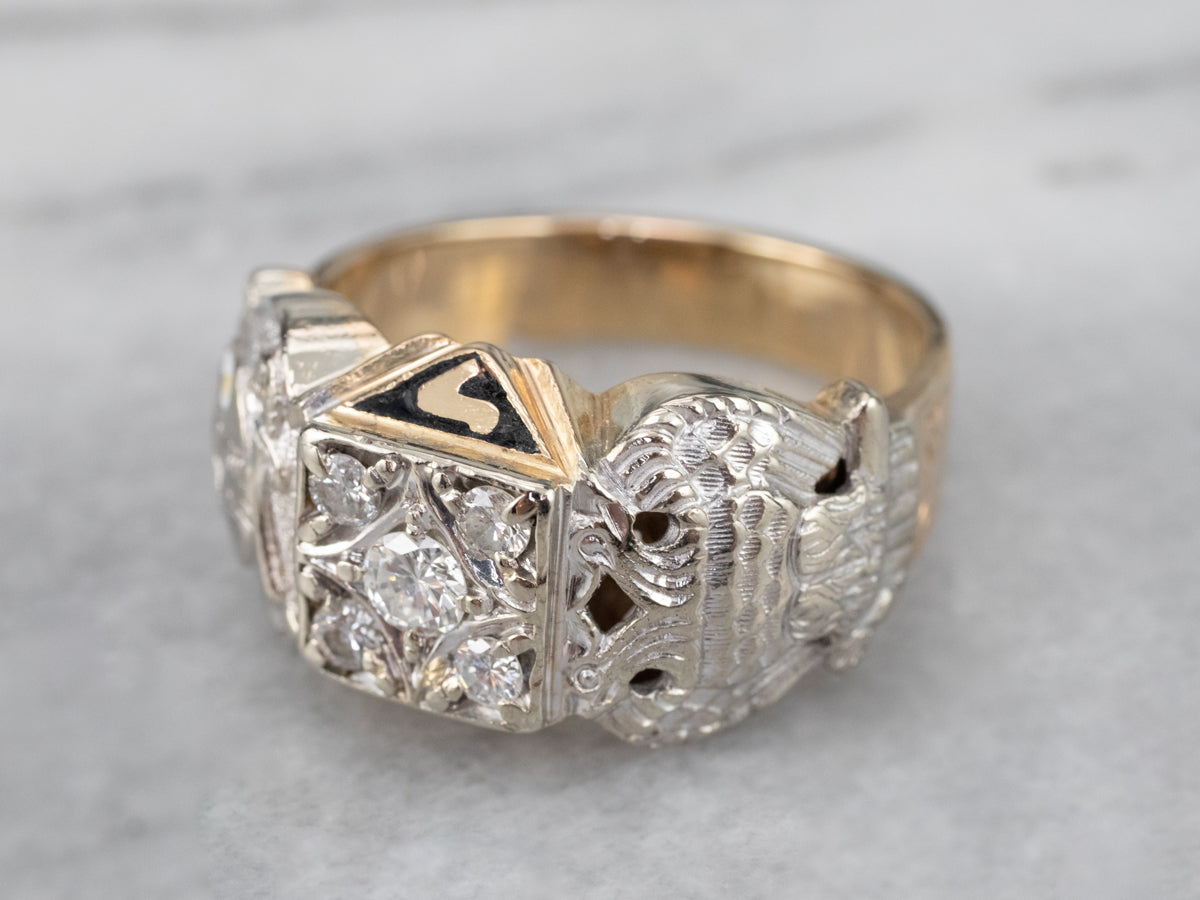 Anillo de oro de dos tonos con esmalte de diamantes masónicos