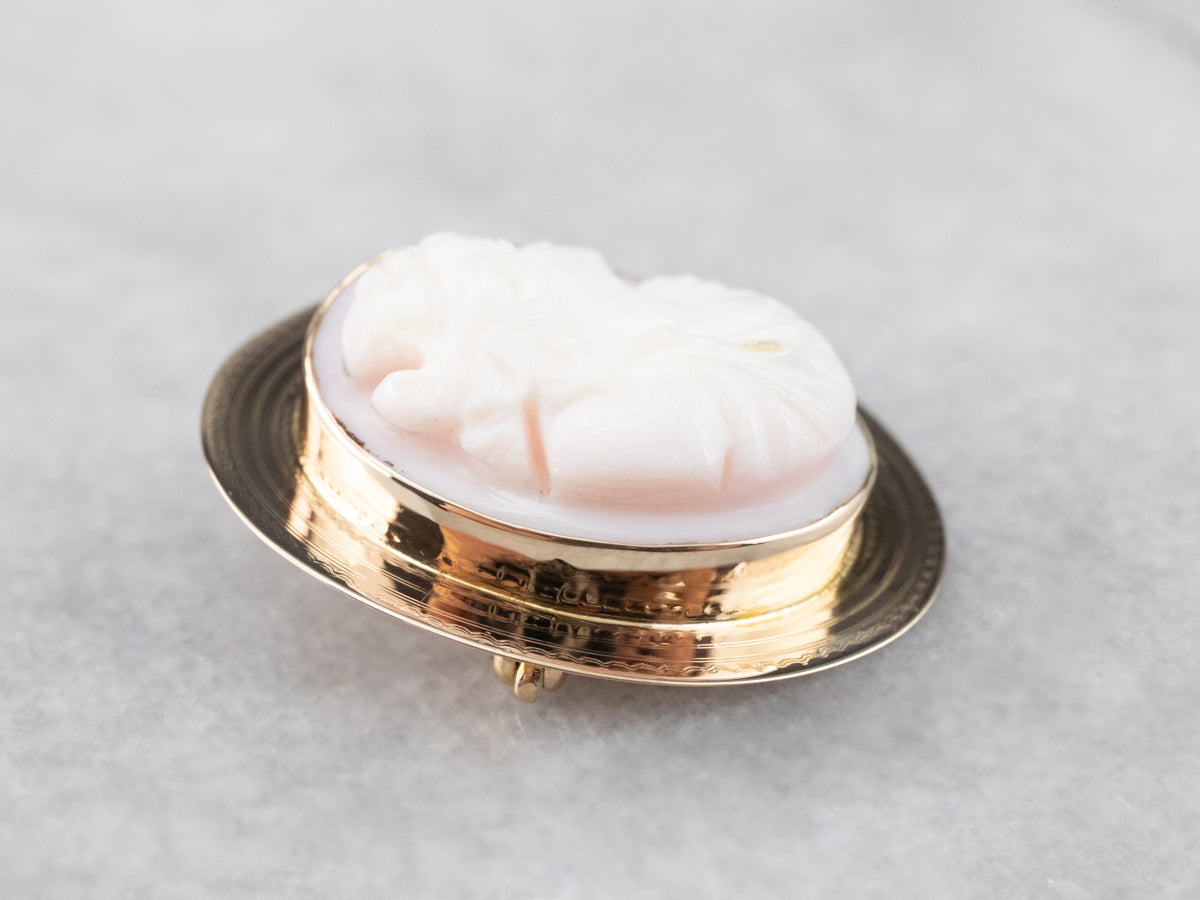 Vintage Pink Shell Cameo Gold Brooch