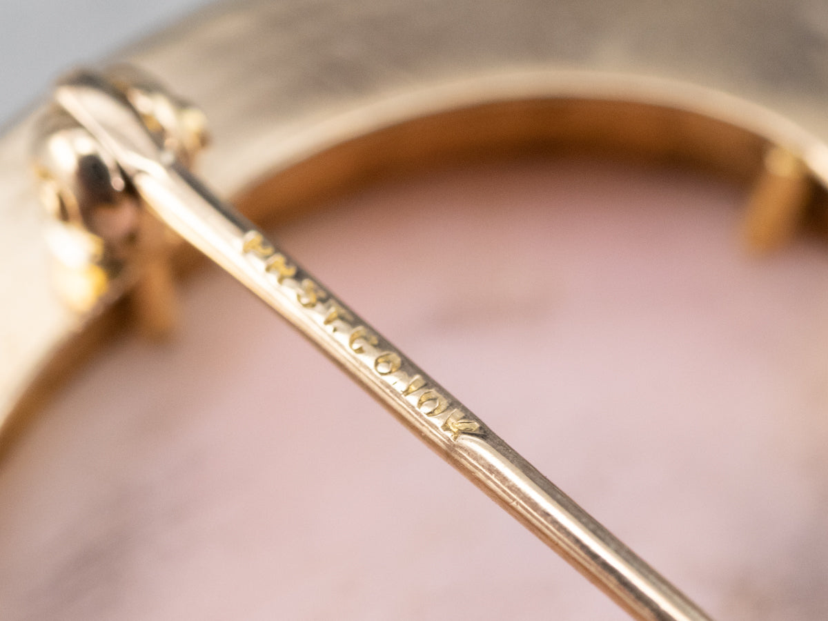 Vintage Pink Shell Cameo Gold Brooch