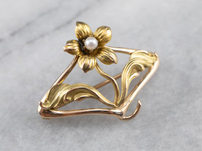 Antique Gold and Pearl Flower Pin