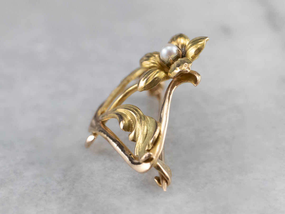 Antique Gold and Pearl Flower Pin