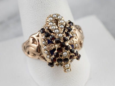 Garnet Seed Pearl and Lapis Statement Ring